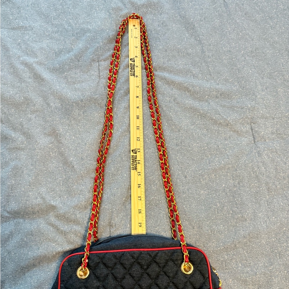 Vintage Style Quilted Denim Cross Body With Red Trim And Gold Chain Accents - Picture 2 of 7
